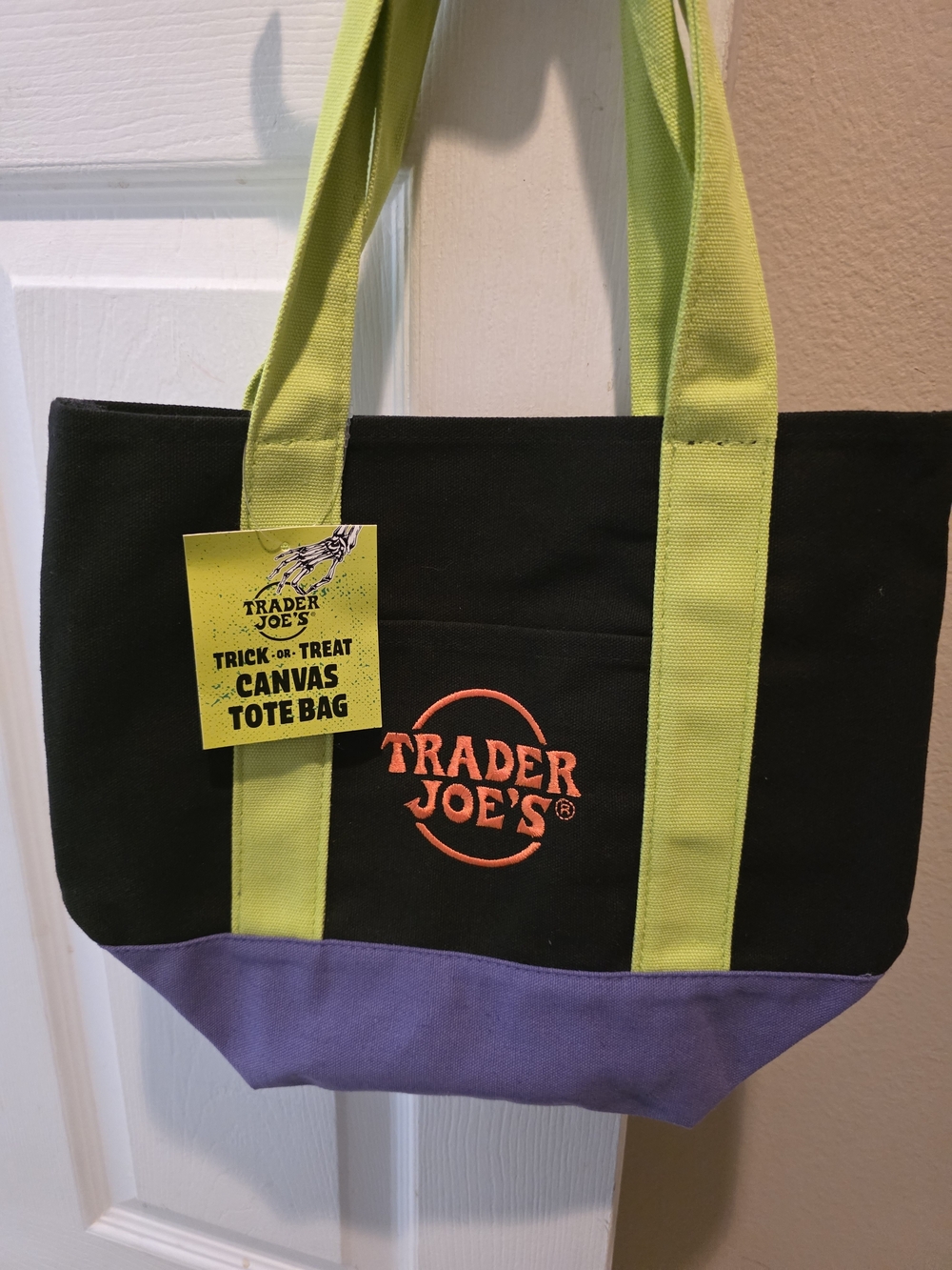 Black Canvas Tote Bag with Lime Handles and Purple Base